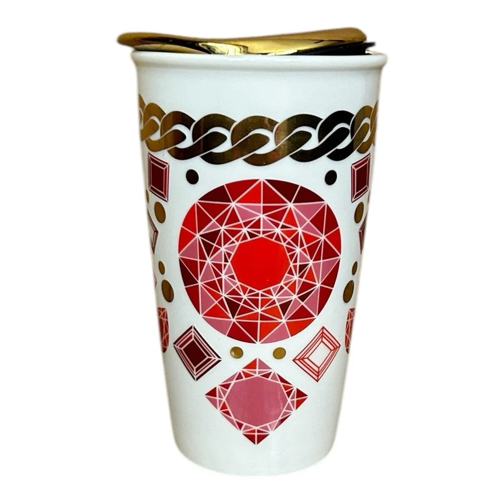 2014 STARBUCKS Ceramic Tumbler Mug w/ Lid Red Geometric Gem Gold Chain 12 oz